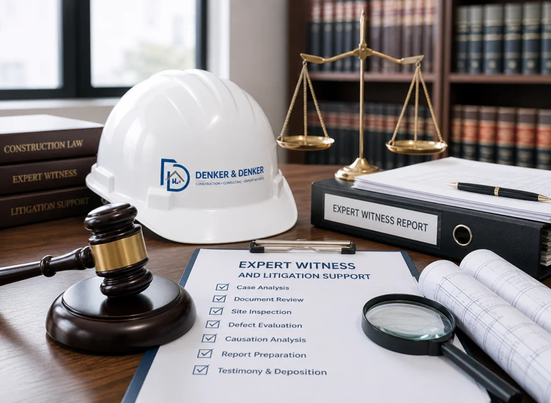Construction expert witness and litigation support materials with hard hat and legal scales